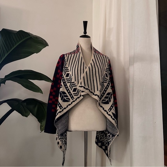 𝅺Double Zero Southwestern Knit Red Navy Blue Open Front Slouchy Chunky Cardigan - Picture 3 of 9